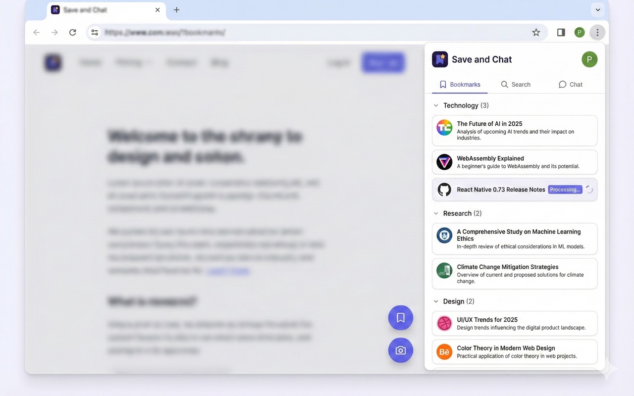 Save and Chat extension showing organized bookmarks